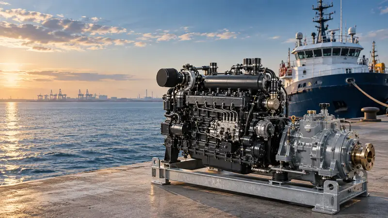 Marine diesel engine with reduction gearbox on a Shanghai quayside at sunset